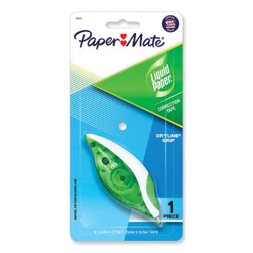 Paper Mate® Liquid Paper® DryLine Grip Correction Tape, Non-Refillable, Gray/Green Applicator