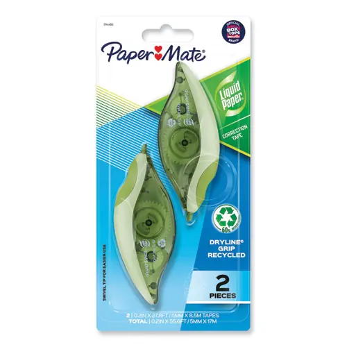Paper Mate® Liquid Paper® DryLine Grip Correction Tape, Recycled Dispenser, Green/White Applicator