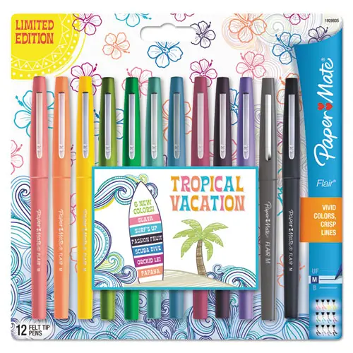Paper Mate® Point Guard Flair Felt Tip Porous Point Pen, Medium 0.7 mm, Assorted Tropical Vacation Colors, Dozen