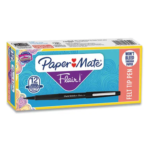 Paper Mate® Point Guard Flair Felt Tip Porous Point Pen, Medium 0.7 mm, Black Ink, Black Barrel, Dozen