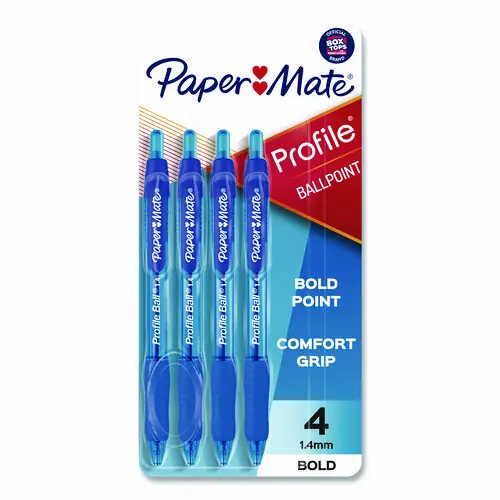Paper Mate® Profile Ballpoint Pen, Retractable, Bold 1.4 mm, Blue Ink, Translucent Blue Barrel, 4/Pack