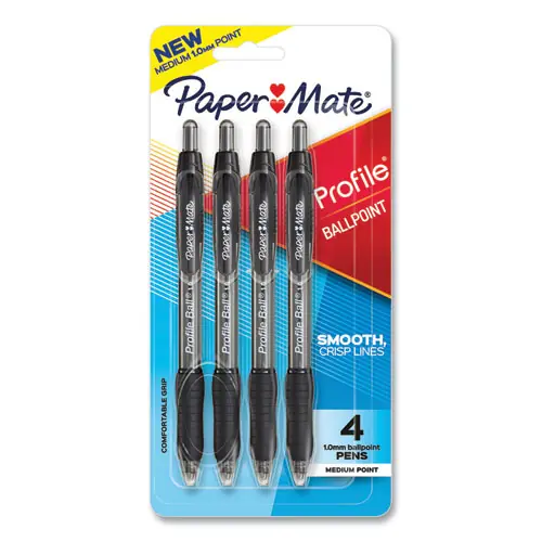Paper Mate® Profile Ballpoint Pen, Retractable, Medium, 1 mm, Black Ink, Translucent Black Barrel, 4/Pack