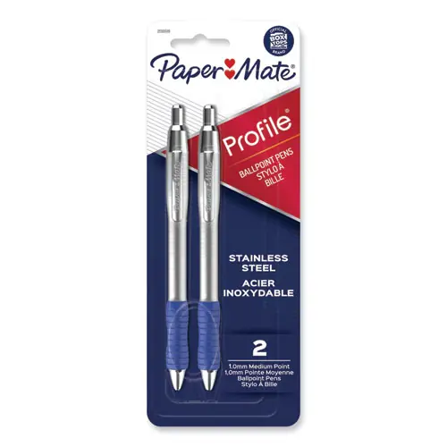 Paper Mate® Profile Ballpoint Pen, Retractable, Medium, 1 mm, Blue Ink, Blue/Silver Barrel, 2/Pack