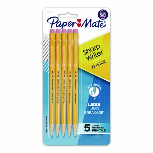 Paper Mate® Sharpwriter Mechanical Pencil, 0.7 mm, HB (#2), Black Lead, Classic Yellow Barrel, 5/Pack