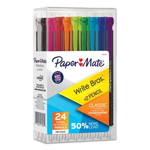 Paper Mate® Write Bros Mechanical Pencil, 0.7 mm, HB (#2), Black Lead, Black Barrel with Assorted Clip Colors, 24/Box