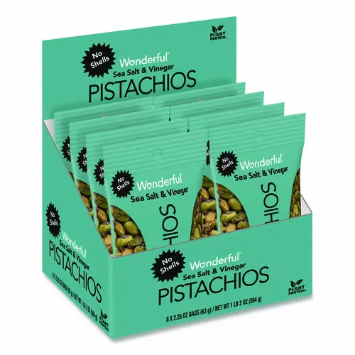Paramount Farms® Wonderful No Shells Pistachios, Sea Salt and Vinegar, 2.25 oz Bag, 8/Box