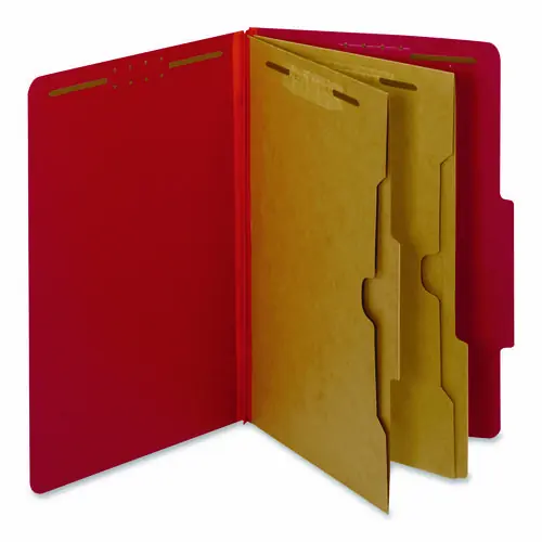 Pendaflex® Colored Pressboard Top Tab Classification Folders, Legal Size, Bright Red, 2 Dividers, 6 Fasteners, 2.5" Expansion, 10/Box