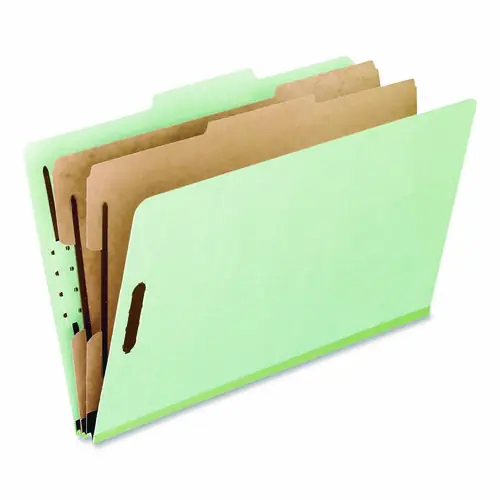 Pendaflex® Colored Pressboard Top Tab Classification Folders, Light Green, Legal Size, 2 Dividers, 6 Fasteners, 2.5" Expansion, 10/Box