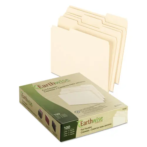 Pendaflex® Earthwise by Pendaflex 100% Recycled Manila File Folder, 1/3-Cut Tabs, Assorted Positions, Letter Size, 0.75" Expansion, 100/Box