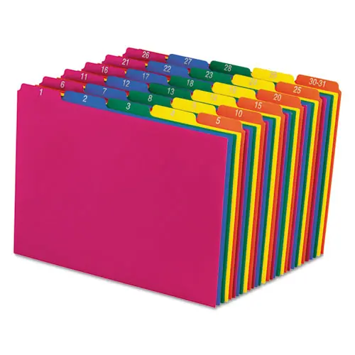 Pendaflex® Poly Top Tab File Guides, 1/5-Cut, Numbered 1-31, Assorted Colors, 8.5 x 11, 31/Set