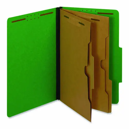 Pendaflex® Pressboard Classification Folders with Two Full-Pocket Dividers, 2.5" Expansion, 6 Fasteners, Legal Size, Dark Green, 10/Box
