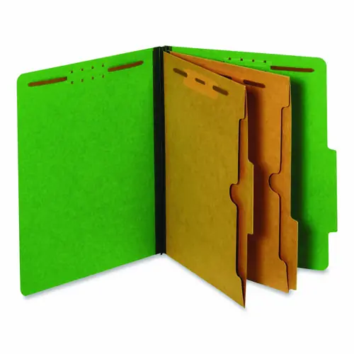 Pendaflex® Pressboard Classification Folders with Two Full-Pocket Dividers, 2.5" Expansion, 6 Fasteners, Letter Size, Dark Green, 10/Box