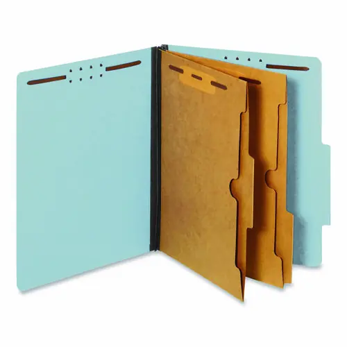 Pendaflex® Pressboard Classification Folders with Two Full-Pocket Dividers, 2.5" Expansion, 6 Fasteners, Letter Size, Light Blue, 10/Box
