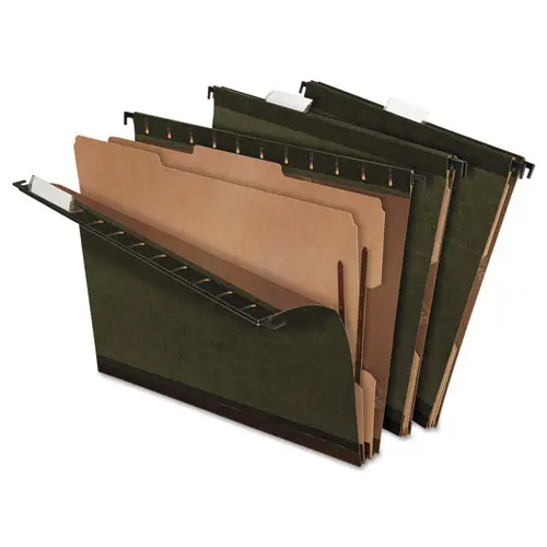 Pendaflex® SureHook Reinforced Hanging Divider Folders, Letter Size, Green, 2" Expansion, 2 Dividers, 4 Fasteners, 10/Box