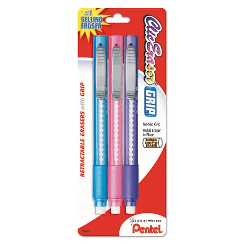 Pentel® Clic Eraser Grip, White Erasers, Assorted Barrel Colors, 3/Pack