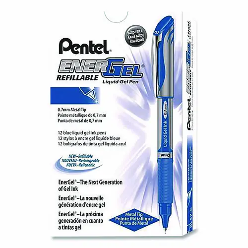 Pentel® EnerGel Deluxe Gel Pen, Medium Point (0.7 mm), Blue Ink, Silver/Blue Barrel, Dozen