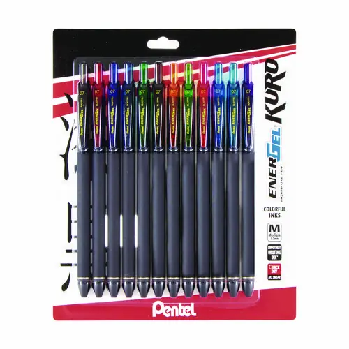 Pentel® EnerGel Kuro Gel Pen, Retractable, 0.7 mm Medium Tip, Assorted Ink Colors, Black Barrel, 12/Pack