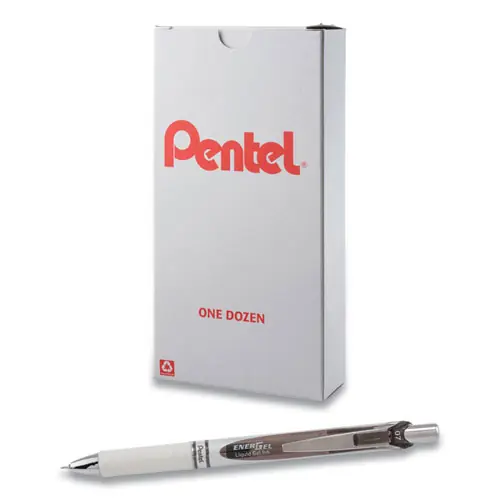 Pentel® EnerGel Pearl Gel Pen, Retractable, Medium 0.7 mm, Black Ink, White/Black Barrel, Dozen