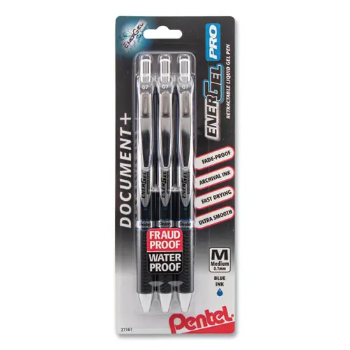 Pentel® EnerGel PRO Hybrid Gel Pen, Retractable, Medium 0.7 mm, Blue Ink, Black Barrel, 3/Pack