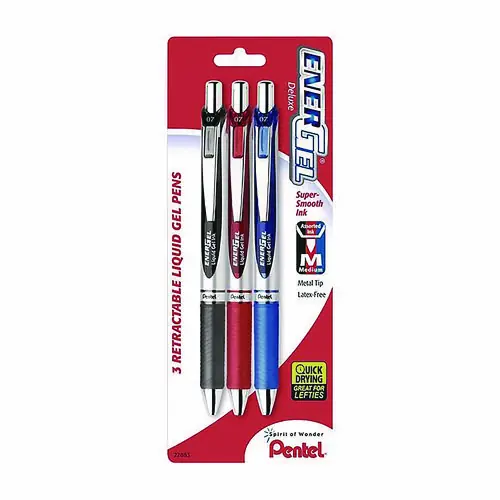 Pentel® EnerGel RTX Deluxe Gel Pen, Retractable, Medium 0.7 mm, Assorted Ink and Barrel Colors, 3/Pack