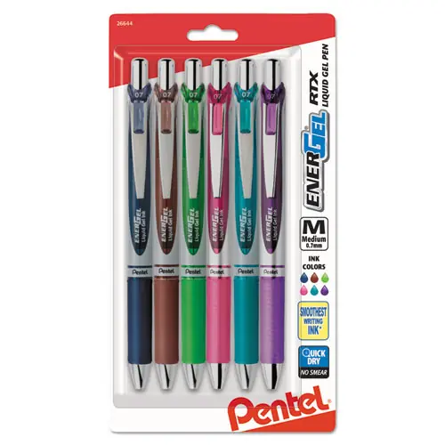 Pentel® EnerGel RTX Gel Pen, Retractable, Medium 0.7 mm, Assorted Ink and Barrel Colors, 6/Pack