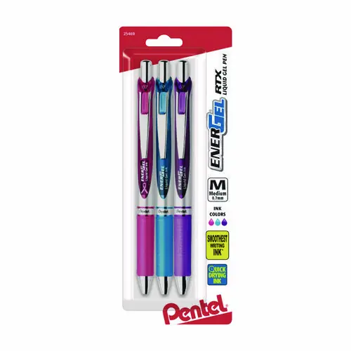 Pentel® EnerGel RTX Gel Pen, Retractable, Medium 0.7 mm, Assorted Pastel Ink and Barrel Colors, 3/Pack