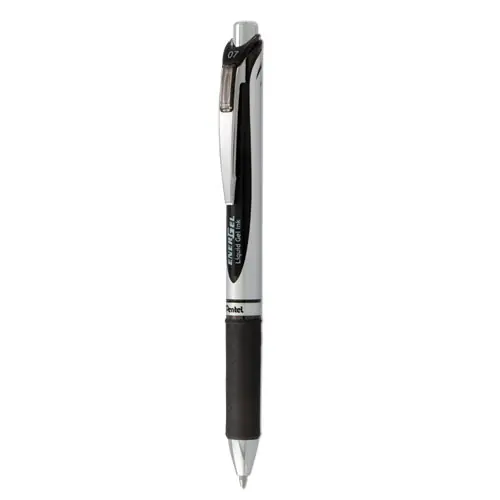 Pentel® EnerGel RTX Gel Pen, Retractable, Medium 0.7 mm, Black Ink, Black/Silver Barrel, Dozen