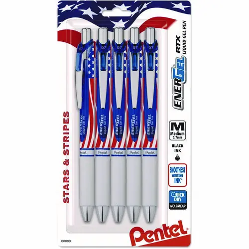 Pentel® EnerGel RTX Gel Pen, Retractable, Medium Point, 0.7 mm, Black Ink, Stars and Stripes Metallic Red Barrel, 5/Pack