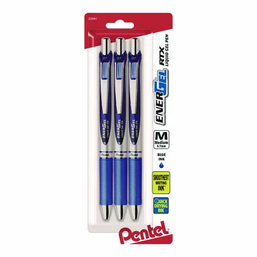 Pentel® EnerGel RTX Retractable Gel Pens, Medium Point (0.7 mm), Blue Ink, Blue/Silver Barrel, 3/Pack