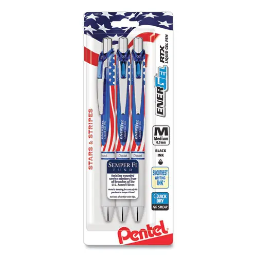 Pentel® EnerGel RTX Stars and Stripes Gel Pen, Retractable, Medium, 0.7 mm, Black Ink, Red/White/Blue Barrel, 3/Pack