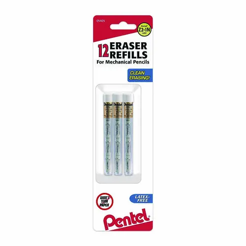 Pentel® Eraser Refills for Sharp Kerry, EnerGize-X, Wow Pencil, Gizmo, Cushi, Hot Shots, Technica-X, White, 4 Erasers per Tube, 3 Tubes per Pack