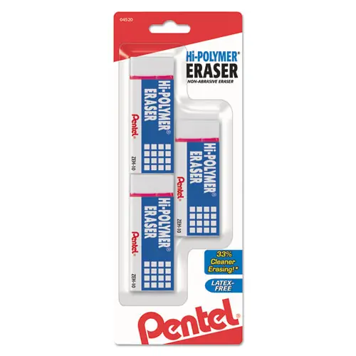 Pentel® Hi-Polymer Eraser, For Pencil Marks, Rectangular Block, Medium, White, 3/Pack