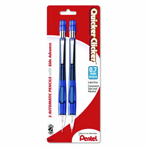 Pentel® Quicker Clicker Mechanical Pencil, 0.7 mm, HB (#2), Black Lead, Blue Barrel, 2/Pack
