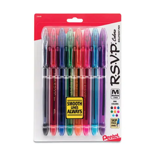 Pentel® R.S.V.P. Ballpoint Pen, Medium, 1 mm, Assorted Ink & Barrel Colors, 8/Pack