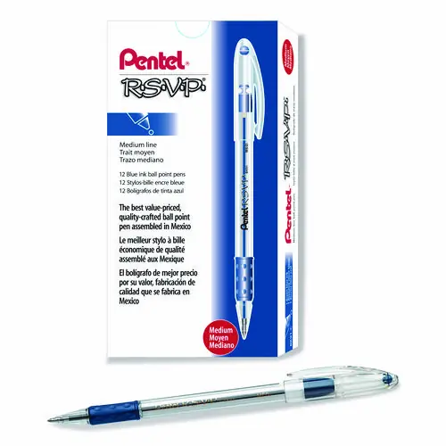 Pentel® R.S.V.P. Ballpoint Pen, Medium Point, 1 mm, Blue Ink, Clear/Blue Barrel, Dozen