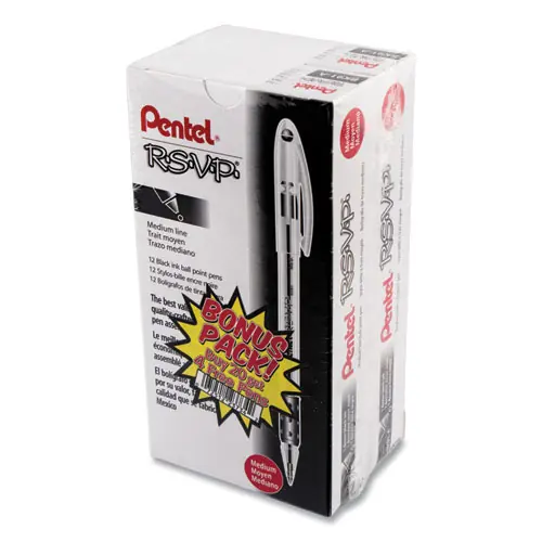 Pentel® R.S.V.P. Ballpoint Pen, Medium Point (1 mm), Black Ink, Clear/Black Barrel, 24 Pack