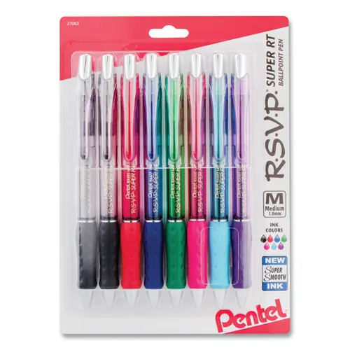Pentel® R.S.V.P. Super RT Ballpoint Pen, Retractable, Medium, 1 mm, Assorted Ink & Barrel Colors, 8/Pack