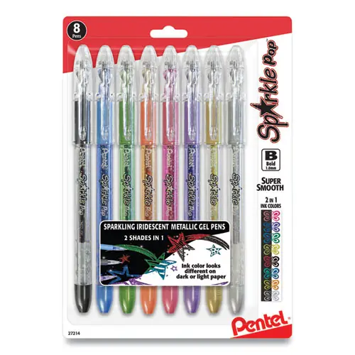 Pentel® Sparkle Pop Metallic Gel Pen, Bold 1 mm, Assorted Ink Colors, Clear Barrel, 8/Pack