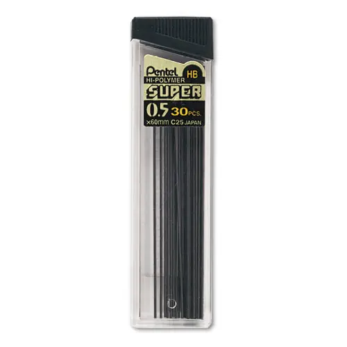 Pentel® Super Hi-Polymer Lead Refills, 0.5 mm, HB, Black, 30/Tube