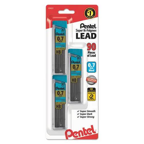 Pentel® Super Hi-Polymer Lead Refills, 0.7 mm, HB, Black, 30 Leads per Tube, 3 Tubes per Pack