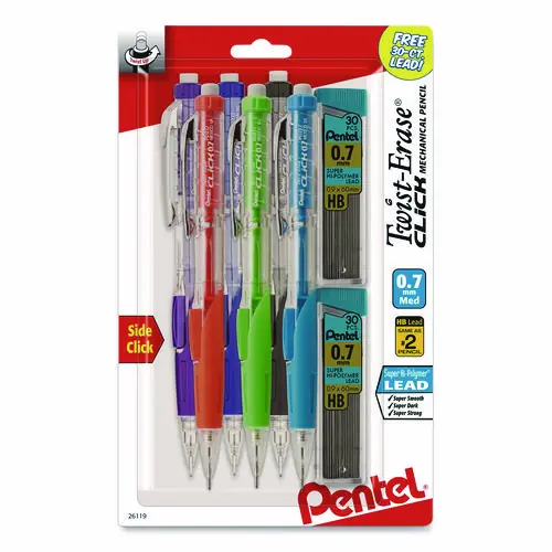 Pentel® Twist-Erase CLICK Mechanical Pencil, 0.7 mm, HB (#2), Black Lead, Assorted Barrel Colors, 6/Pack