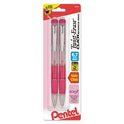 Pentel® Twist-Erase CLICK Mechanical Pencil, Breast Cancer Awareness, 0.7 mm, HB (#2), Black Lead, Pink Barrel, 2/Pack