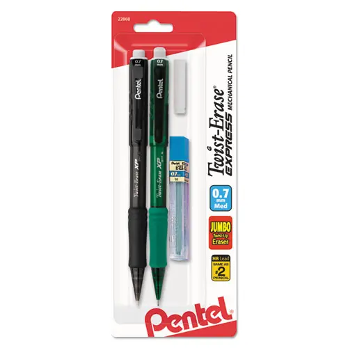 Pentel® Twist-Erase EXPRESS Mechanical Pencils with Tube of Lead/Eraser, 0.7 mm, HB (#2), Black Lead, Assorted Barrel Colors, 2/Pack