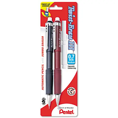 Pentel® Twist-Erase III Mechanical Pencil, 0.7 mm, HB (#2), Black Lead, Assorted Barrel Colors, 2/Pack