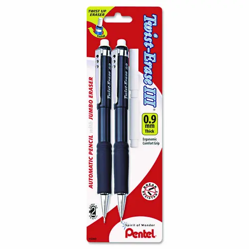 Pentel® Twist-Erase III Mechanical Pencil, 0.9 mm, HB (#2), Black Lead, Assorted Barrel Colors, 2/Pack