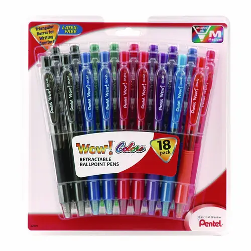 Pentel® WOW! Ballpoint Pen, Retractable, Medium 1 mm, Assorted Ink and Barrel Colors, 18/Pack