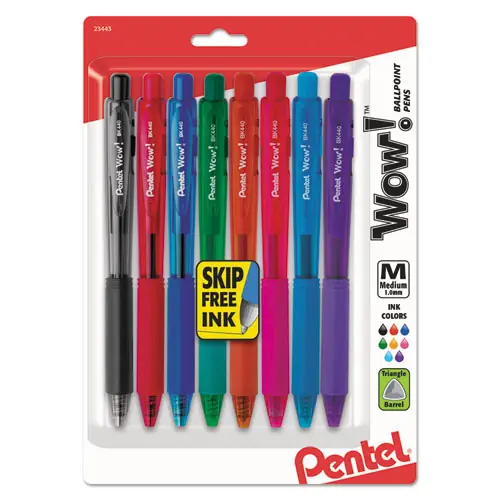 Pentel® WOW! Ballpoint Pen, Retractable, Medium Point, 1 mm, Assorted Ink & Barrel Colors, 8/Pack
