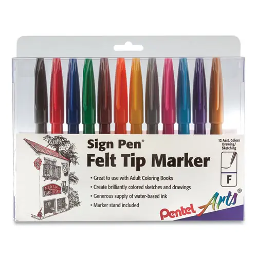 Pentel Arts® Sign Pen Fine Point Color Marker, Extra-Fine Bullet Tip, Assorted Colors, 12/Set