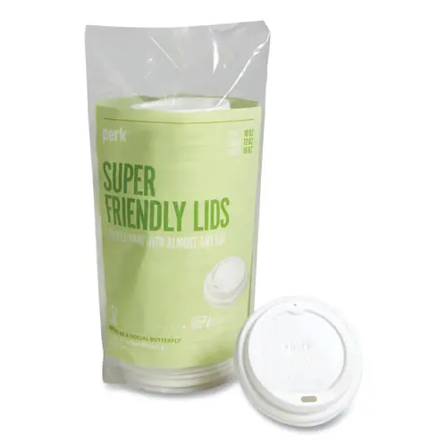 Perk™ Compostable Plastic Hot Cup Lids, Fits 10 oz/12 oz/16 oz Hot Cups, White, 50/Pack