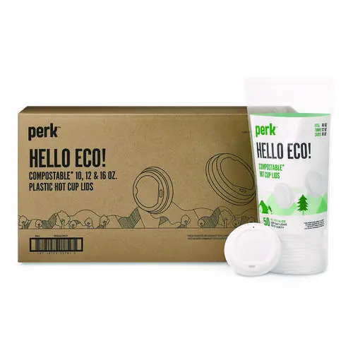 Perk™ Compostable Plastic Hot Cup Lids, Fits 10 oz to 16 oz Hot Cups, Plastic, White, 500/Carton